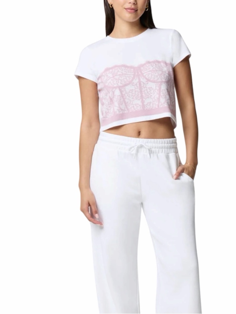Florence by Mills Corset Lace Graphic Crop Tee White Pink Size M